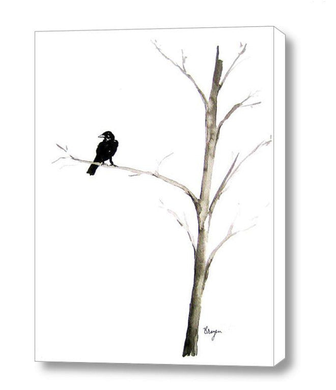 Ink Painting - Raven in a Tree - Mimimalist Art - Gothic Bird Sumi-e Art Print Brazen Design Studio White Smoke