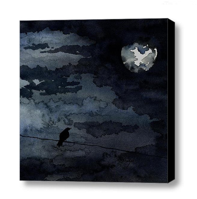 Watercolor Painting - Moonlit Raven - Full Moon Night Sky Bird Art Print Brazen Design Studio Black