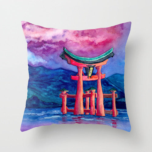 Decorative Pillow Cover - Temple Gate - Japanese Art Throw Pillow Cushion - Fine Art Home Decor Brazen Design Studio Dark Slate Blue