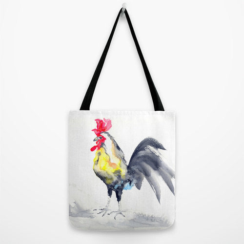 Art Tote Bag - Rooster Watercolor Painting - Shopping Bag Brazen Design Studio Maroon