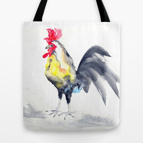 Art Tote Bag - Rooster Watercolor Painting - Shopping Bag Brazen Design Studio Light Goldenrod