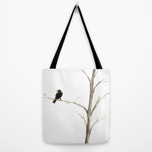 Art Tote Bag - Raven Black Bird Watercolor Painting - Shopping Bag Brazen Design Studio Black