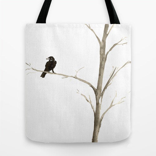 Art Tote Bag - Raven Black Bird Watercolor Painting - Shopping Bag Brazen Design Studio Gray
