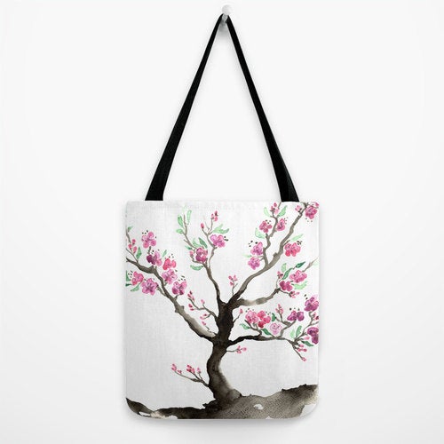 Art Tote Bag - Cherry Blossom Sakura Watercolor Painting - Shopping Bag Brazen Design Studio Rosy Brown