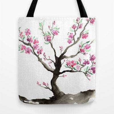 Art Tote Bag - Cherry Blossom Sakura Watercolor Painting - Shopping Bag Brazen Design Studio Rosy Brown