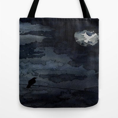 Art Tote Bag - Raven Full Moon Watercolor Painting - Shopping Bag Brazen Design Studio Dark Slate Gray