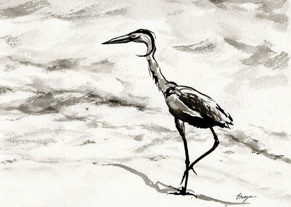 Ink Painting - Crane Wildlife Sumi-e Japanese Brush Painting - Heron Bird Art Print Brazen Design Studio Black