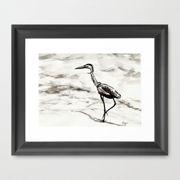 Ink Painting - Crane Wildlife Sumi-e Japanese Brush Painting - Heron Bird Art Print Brazen Design Studio White Smoke