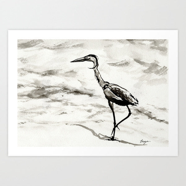 Ink Painting - Crane Wildlife Sumi-e Japanese Brush Painting - Heron Bird Art Print Brazen Design Studio Beige