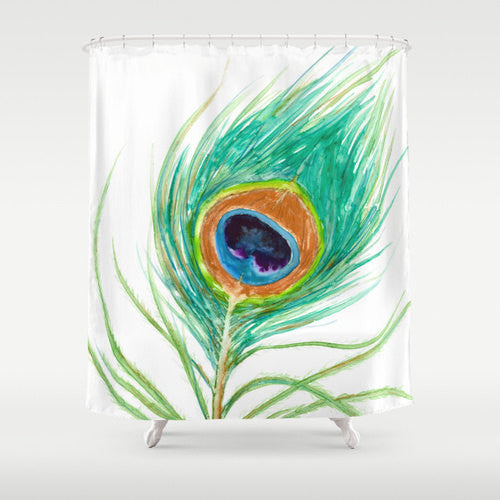 Shower Curtain Peacock Feather Painting - Artistic Bathroom - Modern Vibrant Bathroom Decor Brazen Design Studio Cadet Blue