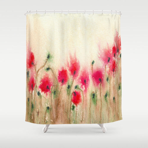 Floral Shower Curtain Fine Art Red Poppies Painting - Artistic Bathroom Decor Brazen Design Studio Firebrick