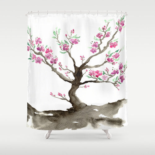 Cherry Blossom Shower Curtain Fine Art Sakura Painting - Artistic Bathroom Decor Brazen Design Studio Dim Gray