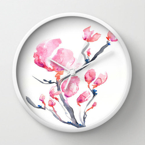 Floral Magnolia Wall Clock - Kitchen Clock Modern Decor Wall Clock - Flower Painting Brazen Design Studio Light Pink