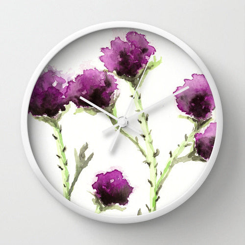 Floral Milk Thistle Wall Clock - Kitchen Clock Modern Decor Wall Clock - Flower Painting Brazen Design Studio White Smoke