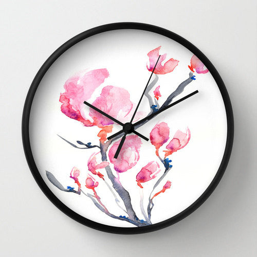 Floral Magnolia Wall Clock - Kitchen Clock Modern Decor Wall Clock - Flower Painting Brazen Design Studio Light Pink