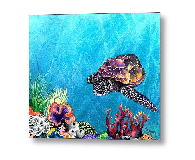 Sea Turtle Ocean Wildlife Birchwood or Metal Art Print - Home Decor Brazen Design Studio Light Sea Green