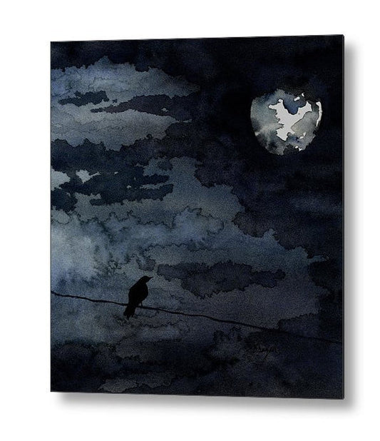 Gothic Raven - Full Moon - Birchwood or Metal Art Print - Home Decor - Ocean Wildlife Sea Creature Brazen Design Studio Black