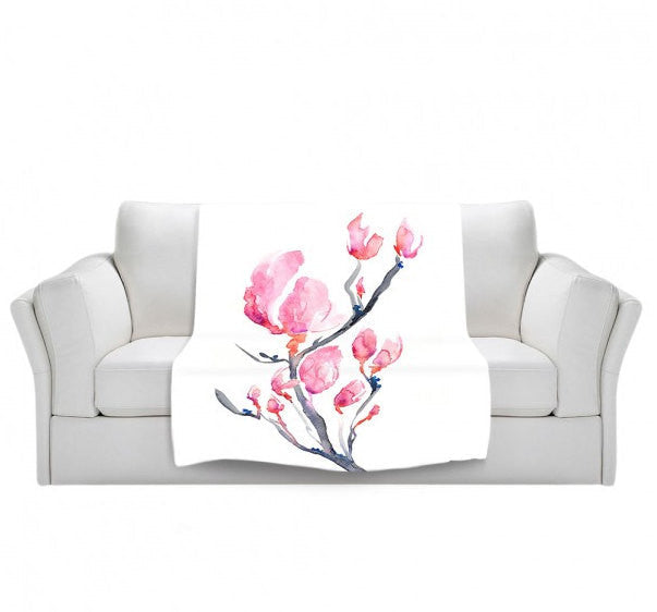 Fleece Blanket - Japanese Magnolia Watercolor Painting - Home Decor Cozy Living Room Brazen Design Studio Light Pink
