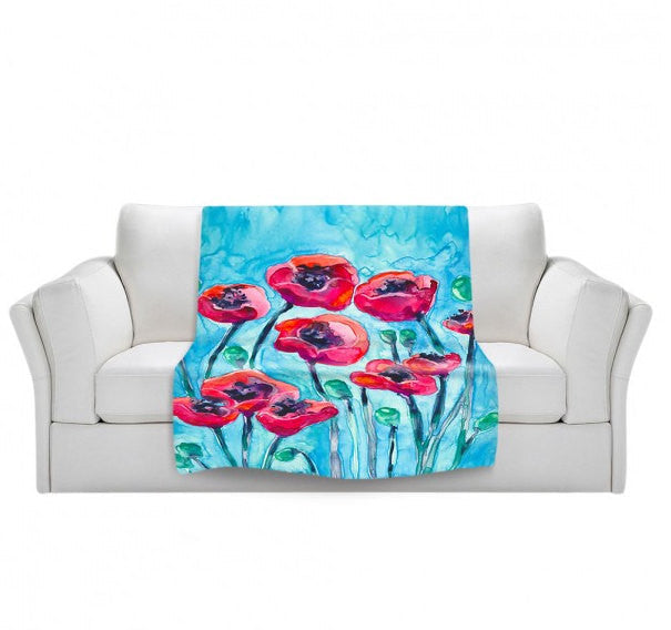 Fleece Blanket - Red Poppy Sky Watercolor Painting - Home Decor Cozy Living Room Brazen Design Studio Sky Blue