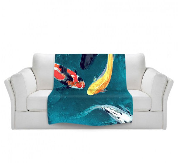 Fleece Blanket - Koi Fish Watercolor Painting - Home Decor Cozy Living Room Brazen Design Studio Dark Slate Gray