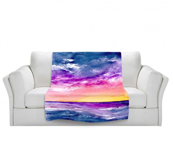 Fleece Blanket - Sea Scape Ocean Watercolor Painting - Home Decor Cozy Living Room Brazen Design Studio Dark Orchid