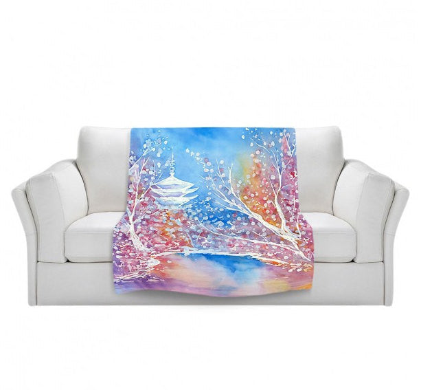 Fleece Blanket - Cherry Blossom Temple Watercolor Painting - Home Decor Cozy Living Room Brazen Design Studio Light Steel Blue