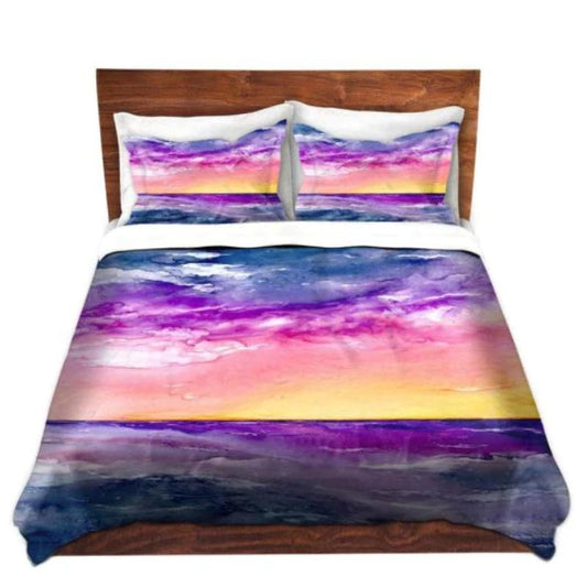 Ocean Sunset Watercolor Painting  - Modern Bedding - Duvet or Comforter Brazen Design Studio Light Pink