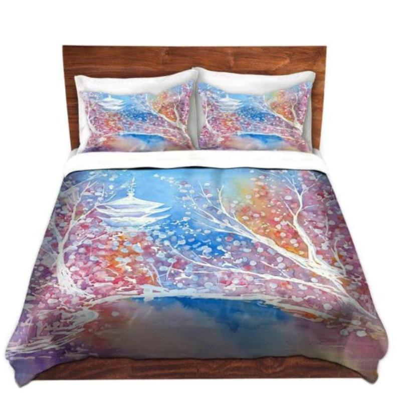 Cherry Blossom Watercolor Painting  - Modern Bedding - Duvet or Comforter Brazen Design Studio Light Steel Blue