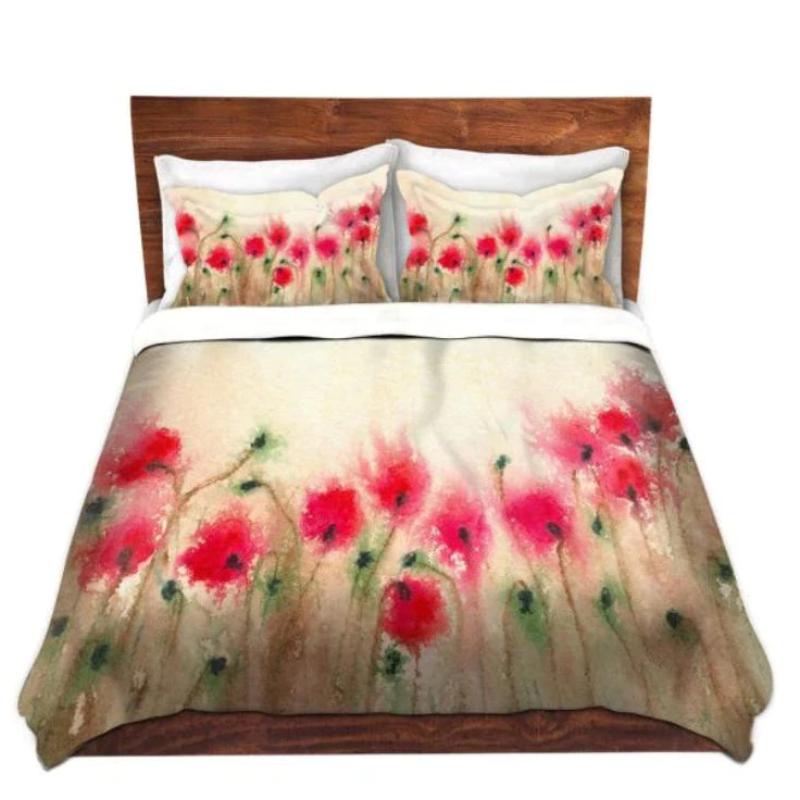 Field of Poppies Watercolor Painting  - Modern Bedding - Duvet or Comforter Brazen Design Studio Antique White