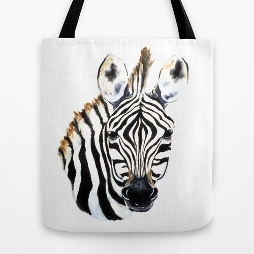 Art Tote Bag - Zebra Wildlife Watercolor Painting - Shopping Bag Brazen Design Studio Beige