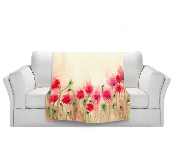 Fleece Blanket - Poppies Watercolor Painting - Home Decor Cozy Living Room Brazen Design Studio Antique White