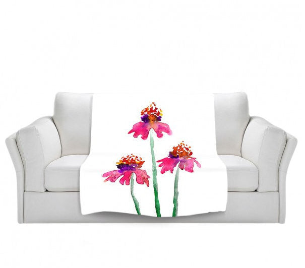Fleece Blanket - Echinacea Floral Watercolor Painting - Home Decor Cozy Living Room Brazen Design Studio Violet Red