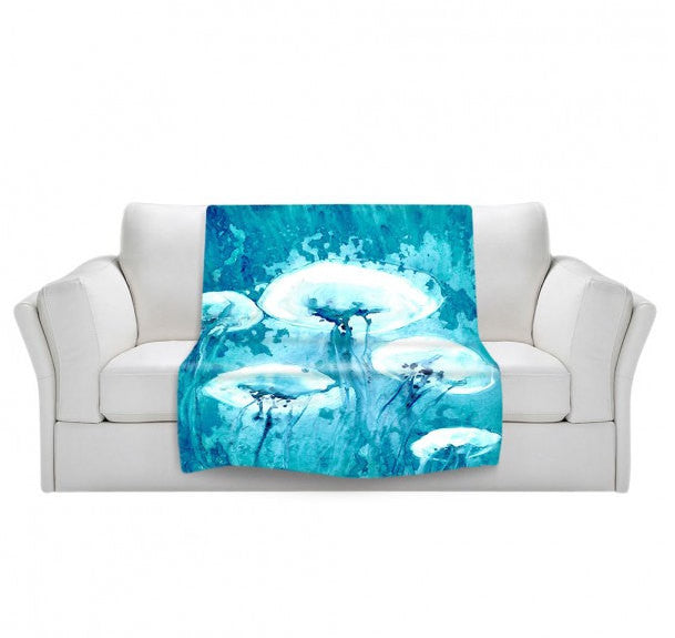 Fleece Blanket - Jellyfish Sea Creature Watercolor Painting - Home Decor Cozy Living Room Brazen Design Studio Sky Blue