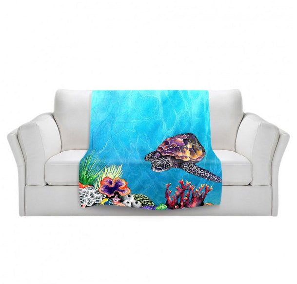 Fleece Blanket - Sea Turtle Watercolor Painting - Home Decor Cozy Living Room Brazen Design Studio Turquoise