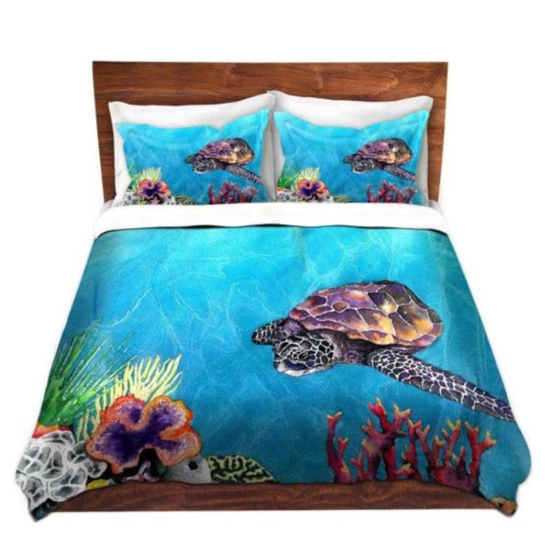 Sea Turtle Watercolor Painting  - Modern Bedding - Duvet or Comforter Brazen Design Studio Turquoise