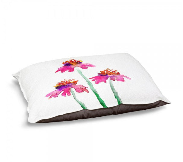 Designer Dog Bed  - Coneflower Floral Watercolor Painting - Fleece Cotton Cover Brazen Design Studio Pale Violet Red