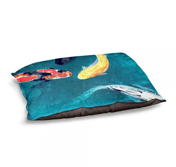 Designer Dog Bed  - Koi Fish Watercolor Painting - Fleece Cotton Cover Brazen Design Studio Dark Cyan