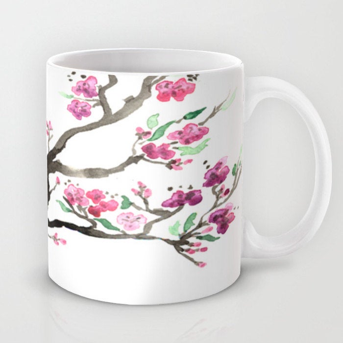 Artistic Floral Coffee Mug - Sakura Tree Cherry Blossoms - Kitchen Decor  Mug Drinkware Brazen Design Studio Pale Violet Red