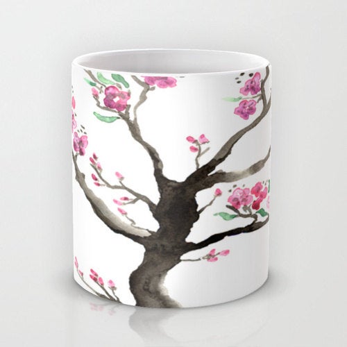Artistic Floral Coffee Mug - Sakura Tree Cherry Blossoms - Kitchen Decor  Mug Drinkware Brazen Design Studio Dark Slate Gray