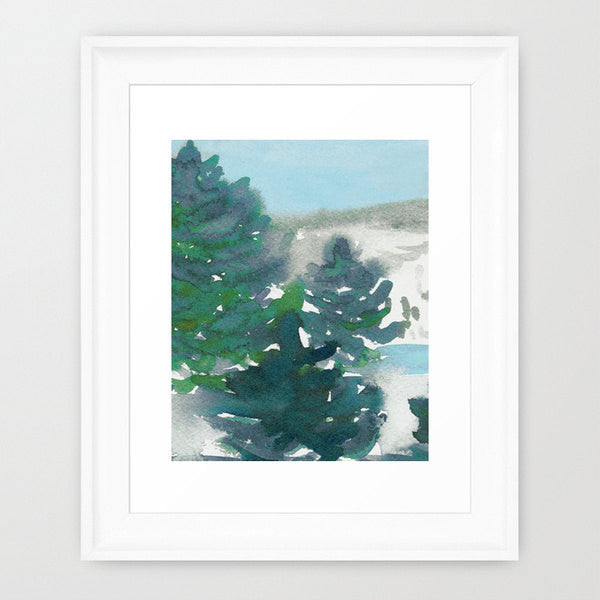Watercolor Tree Art Painting - Winter's Tale Mountain Landscape Scenic Art Print Brazen Design Studio Dim Gray