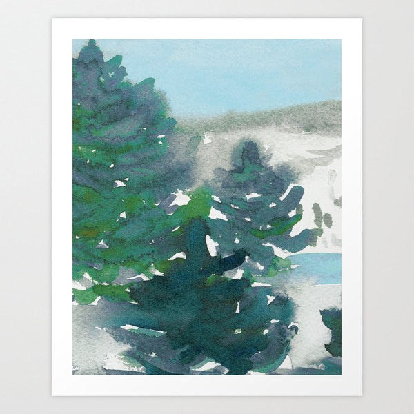 Watercolor Tree Art Painting - Winter's Tale Mountain Landscape Scenic Art Print Brazen Design Studio Dim Gray