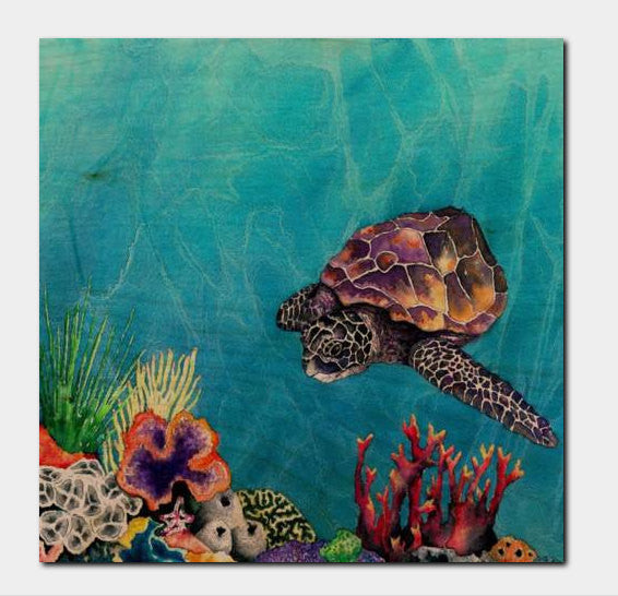 Sea Turtle Ocean Wildlife Birchwood or Metal Art Print - Home Decor Brazen Design Studio Dark Cyan