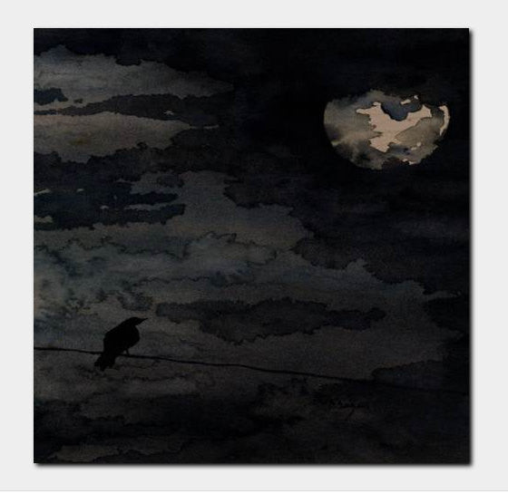 Gothic Raven - Full Moon - Birchwood or Metal Art Print - Home Decor - Ocean Wildlife Sea Creature Brazen Design Studio Black