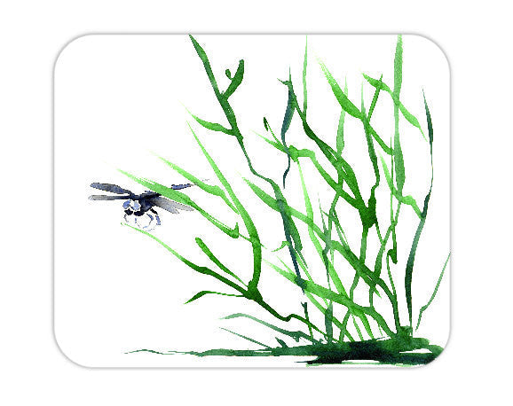 Mousepad - Dragonfly Sumi-e Watercolor Painting - Art for Home or Office Brazen Design Studio Dark Sea Green