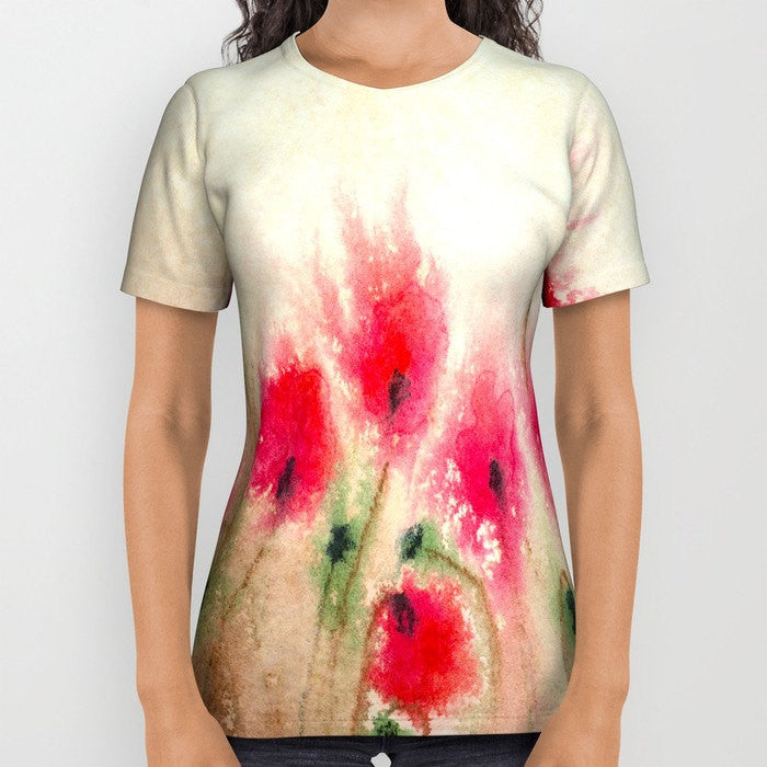 Designer Clothing - Poppies Painting - Artistic All Over Printed T Shirt Brazen Design Studio Beige