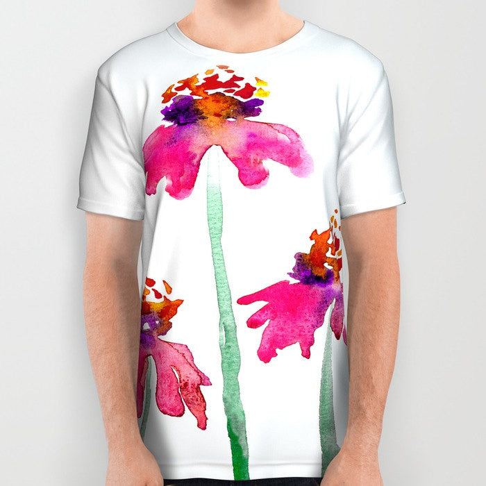 Designer Clothing - Echinacea Floral Painting - Artistic All Over Printed T Shirt Brazen Design Studio White Smoke