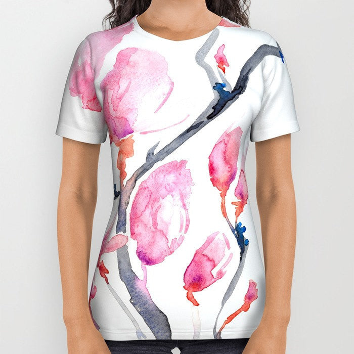 Designer Clothing - Japanese Magnolia Painting - Artistic All Over Printed T Shirt Brazen Design Studio Lavender