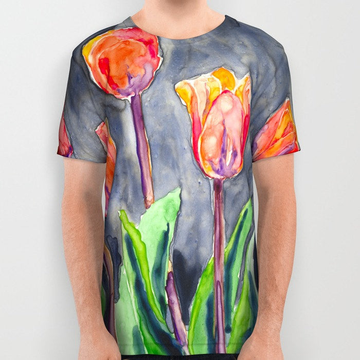 Designer Clothing - Tulips Painting - Artistic All Over Printed T Shirt Brazen Design Studio Lavender