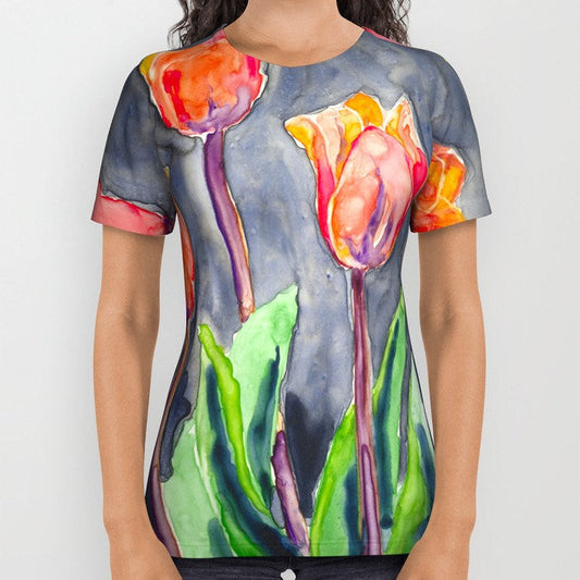 Designer Clothing - Tulips Painting - Artistic All Over Printed T Shirt Brazen Design Studio Lavender