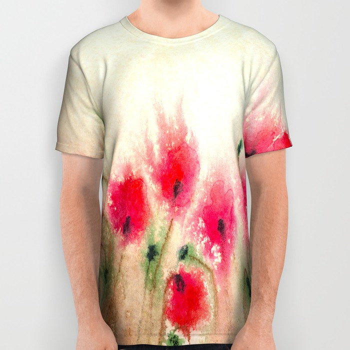 Designer Clothing - Poppies Painting - Artistic All Over Printed T Shirt Brazen Design Studio Beige